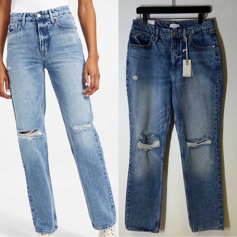 Good American Good Icon Dirstressed Jeans INDIGO065 Wash Size 10 / 30 TALL NEW